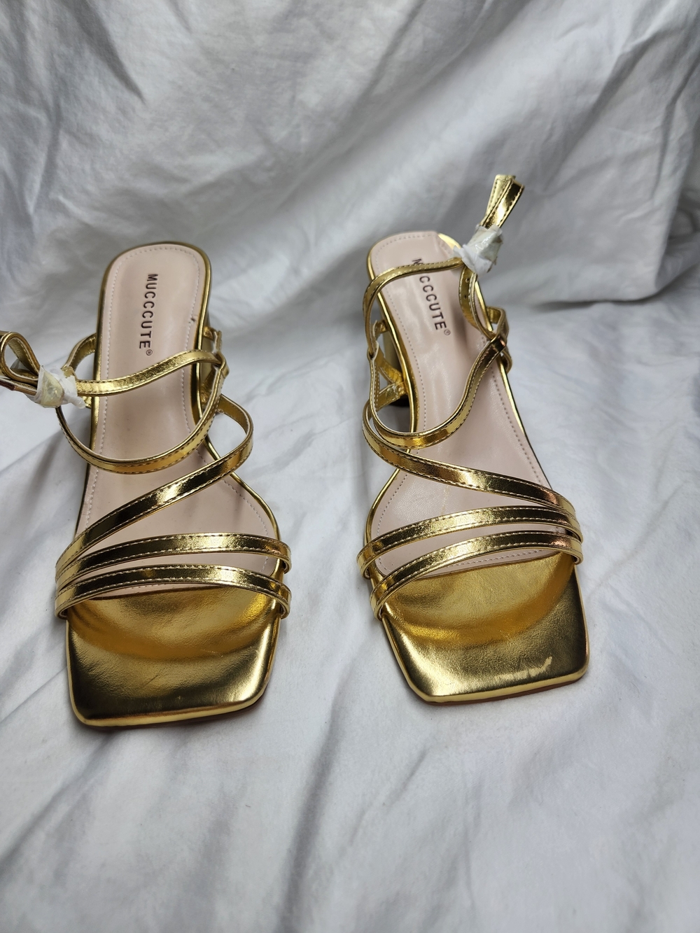 Mucccute Gold Metallic Strappy Square-Toe Heels